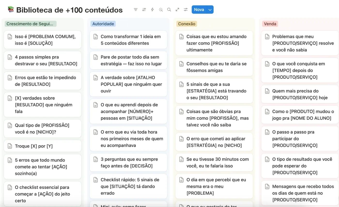 Painel da Biblioteca de +100 conteúdos no Notion com as colunas Crescimento de Seguidores, Autoridade, Conexão e Venda