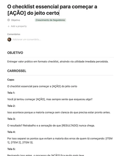 Um modelo aberto no Notion, com o carrossel escrito tela a tela