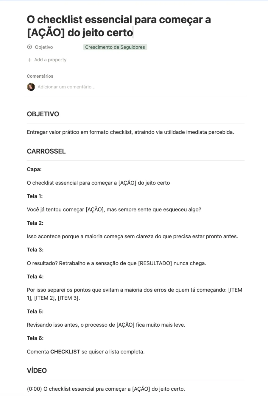 Modelo aberto no Notion: pra que serve, carrossel com capa e telas 1 a 6, e roteiro de vídeo